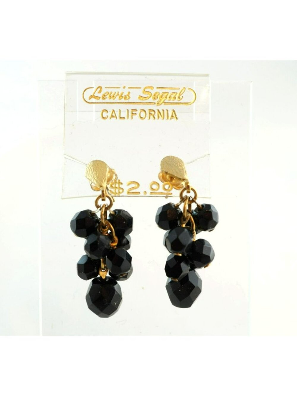 Vintage Lewis Segal California Black Beaded Dangle Earrings Gold Tone